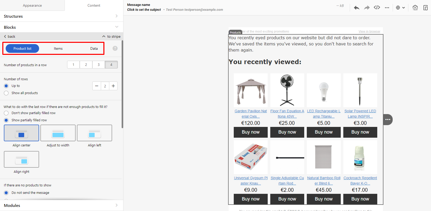 Products block tabs