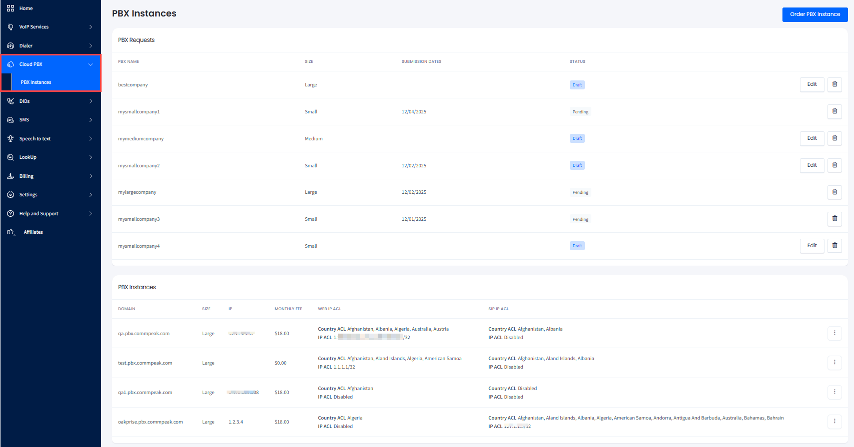 Screenshot of PBX Instances page