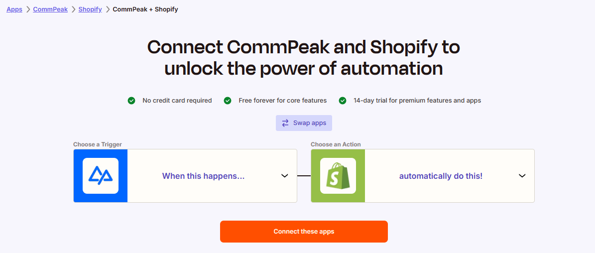 Screenshot of connecting CommPeak and Shopify