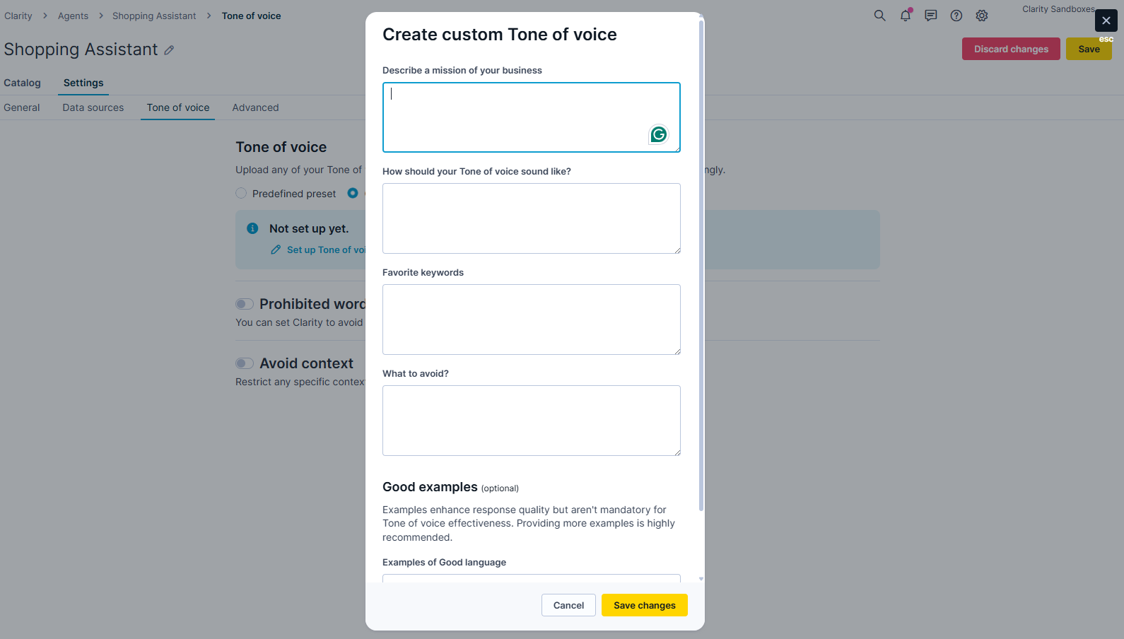 Modal to add tone of voice details. 