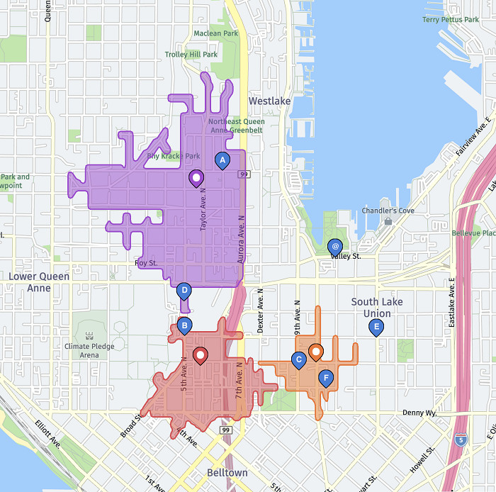 Job plan with the depot (@), six jobs (A to F) and prioritized territories (North in violet, South in red, South-East in orange)