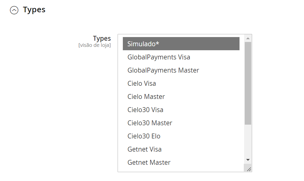 Tela de configuração de adquirentes e bandeiras disponíveis para o método de pagamento cartão de débito