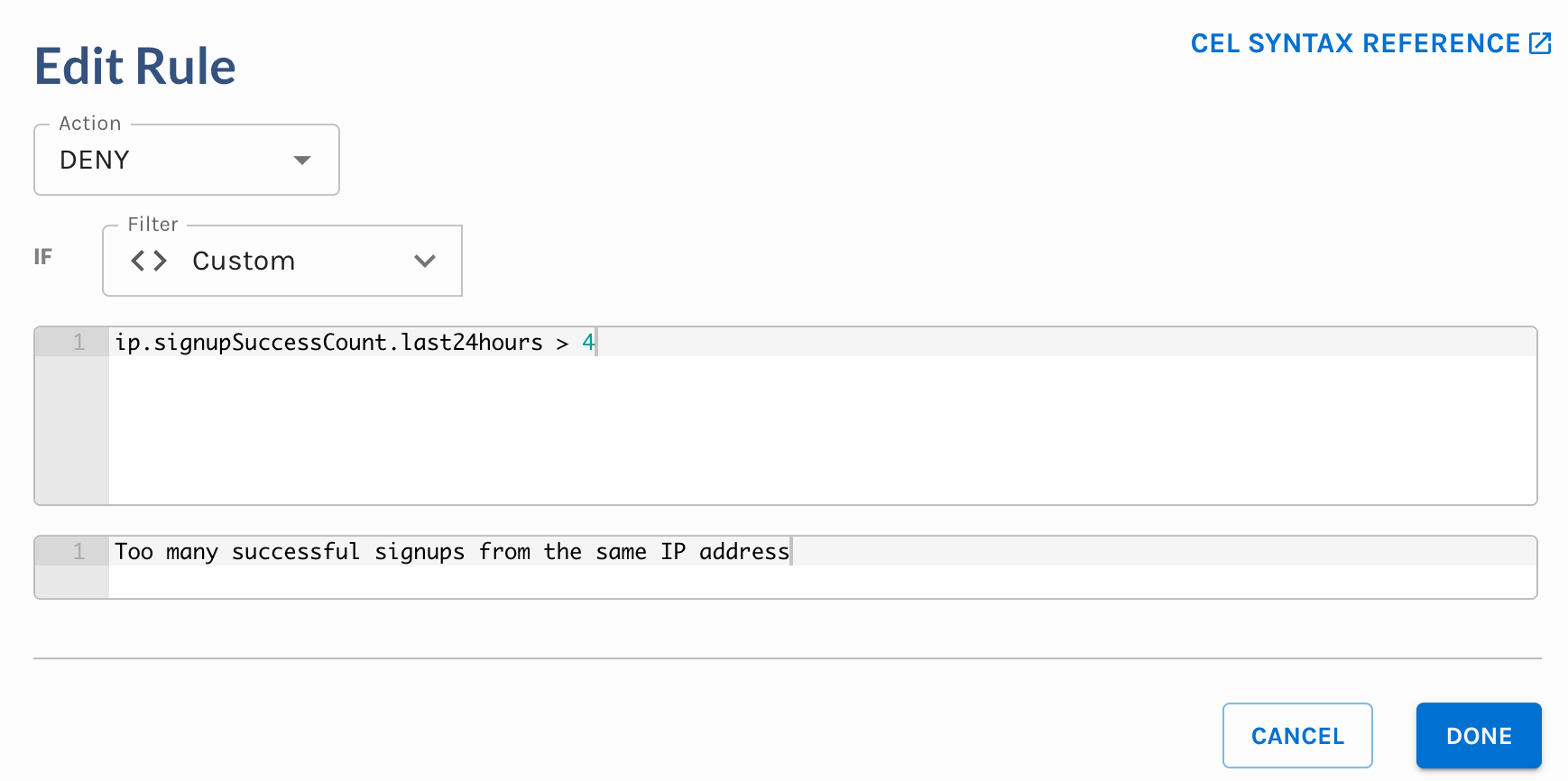 Example of a custom rule in workflows using the ip.signupSuccessCount.last24hours signal