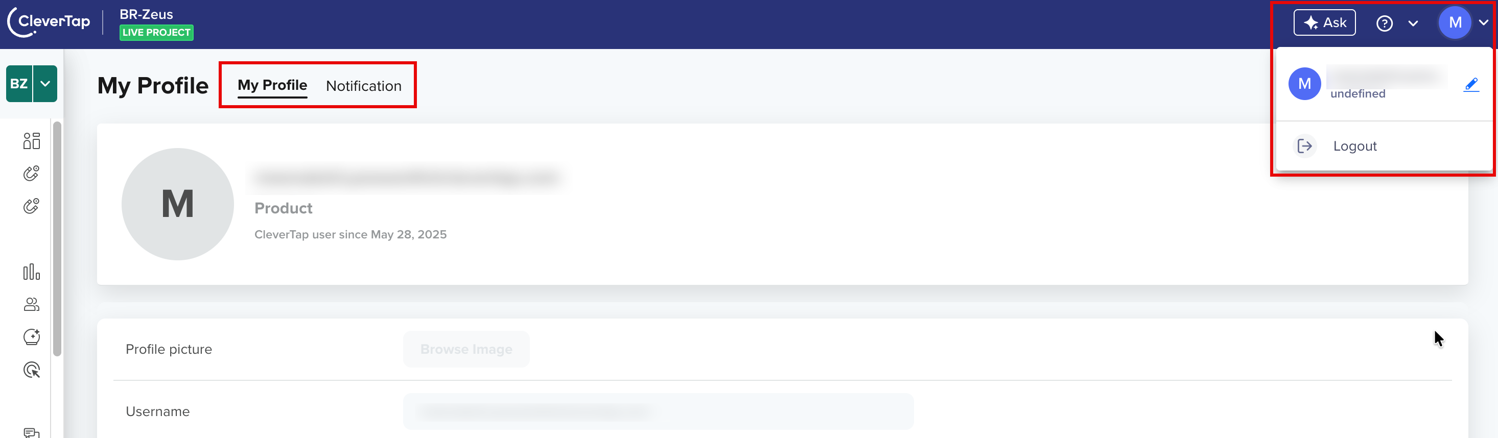 The account menu open from the top-right avatar, with the My Profile tab active on the Notification page