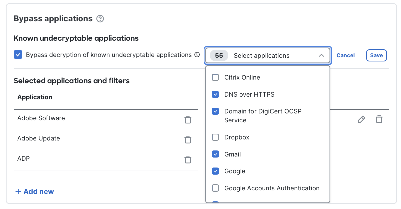 Customizing the **Known undecryptable applications** list