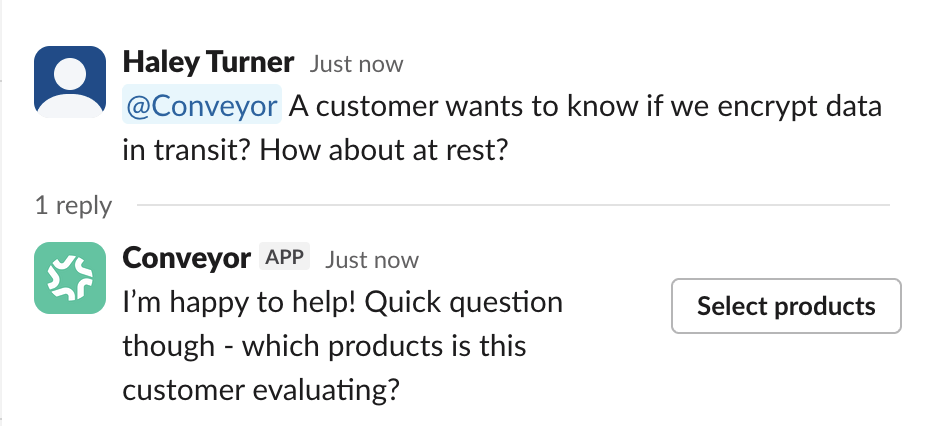 The Select products modal in Slack with a multi-select field and Cancel and Confirm buttons.