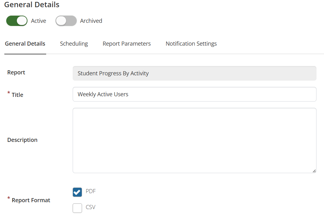 Scheduled report summary screen