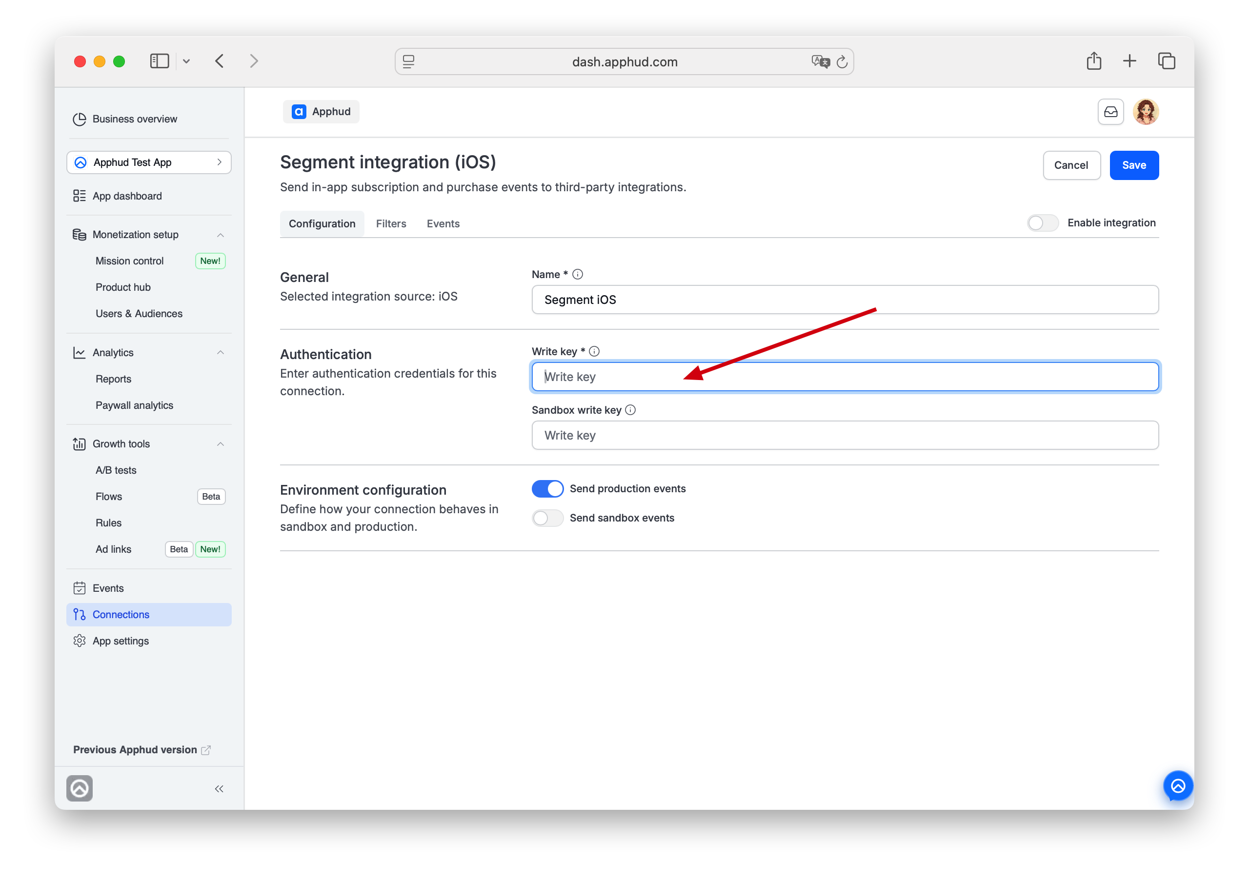 Apphud - Segment Write Key fields
