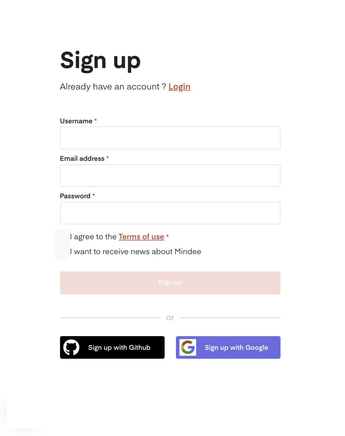 The signup page with fields to fill to create an account