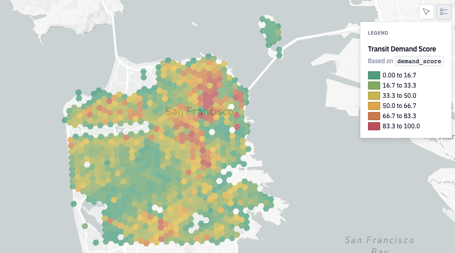 Map showing Replica Transit Demand Score in San Francisco (Fall 2022)