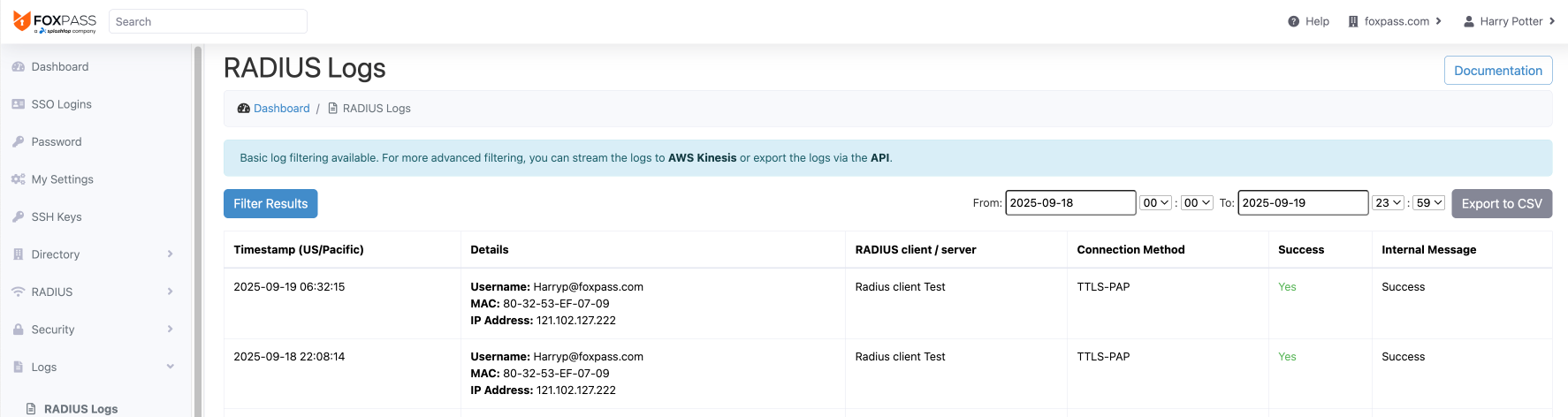 Sample RADIUS Logs page
