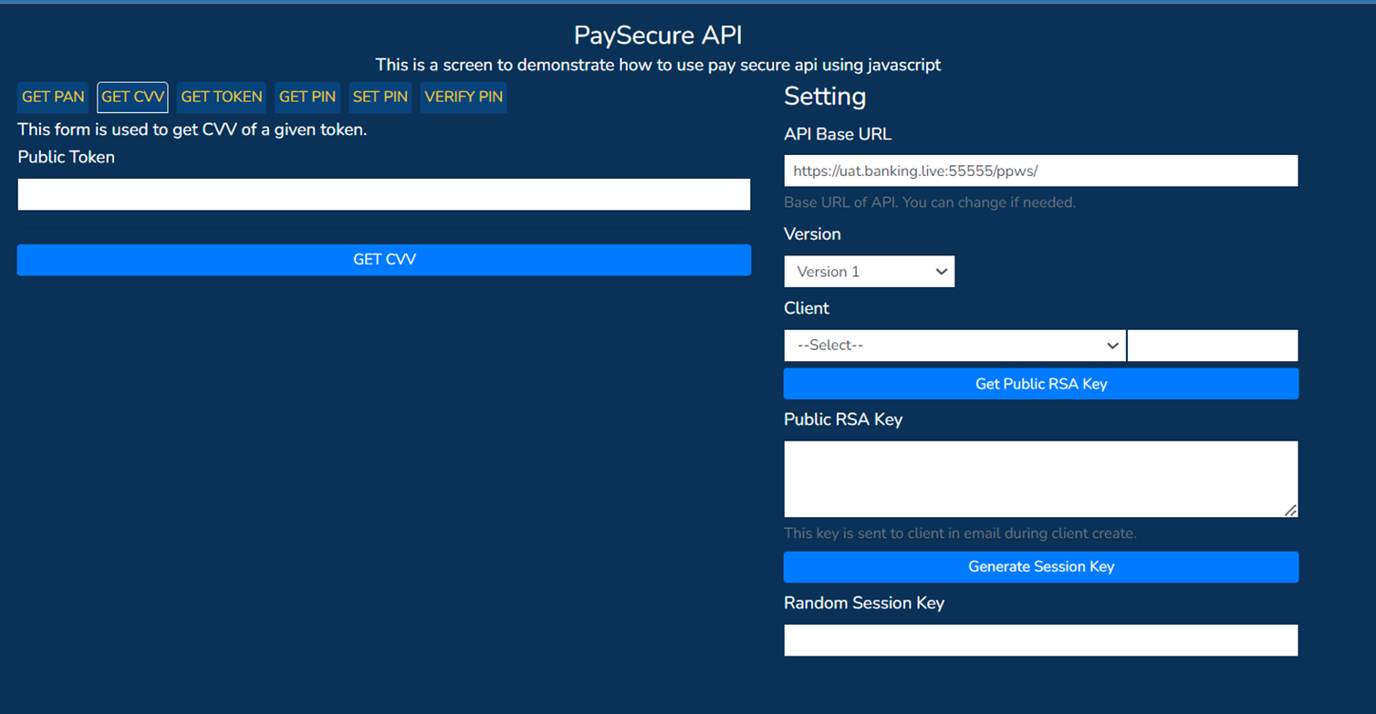 PaySecure API screen