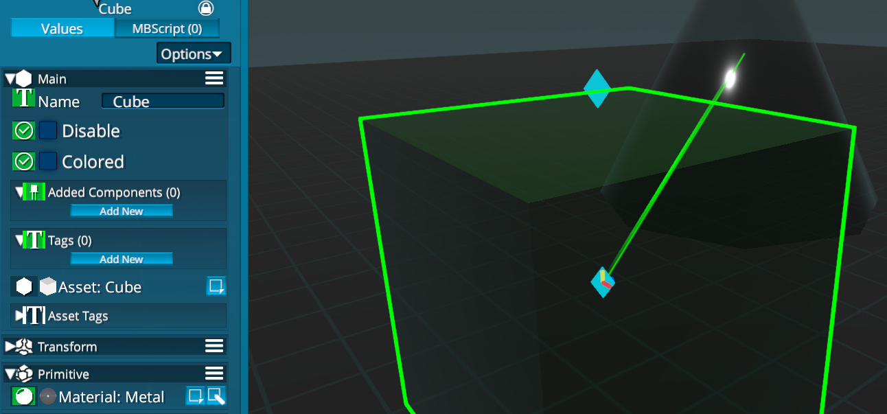 Here the Cube Entity with a Primitive component is connected to the Cone in edit mode, shown with a green line.
