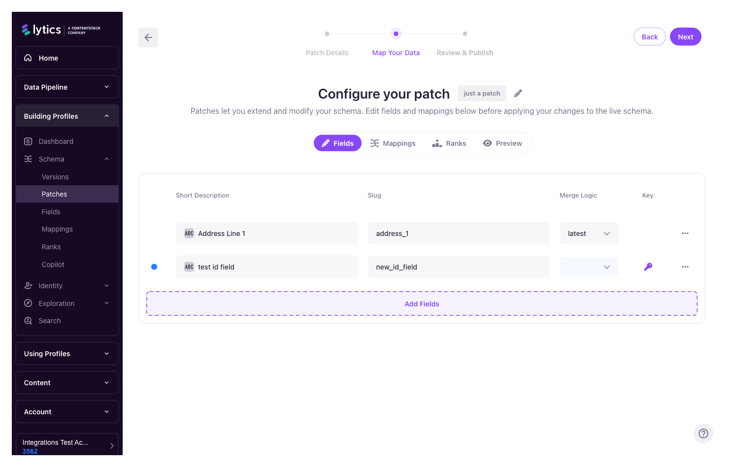 Patch editor — Fields tab with two fields in the patch