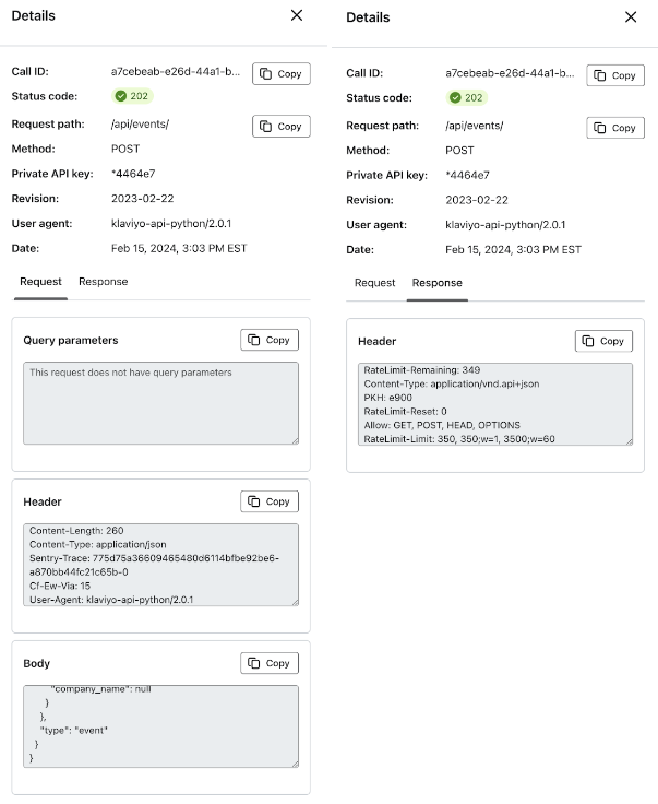 The details window is shown twice, once showing the request body and once showing the response body.