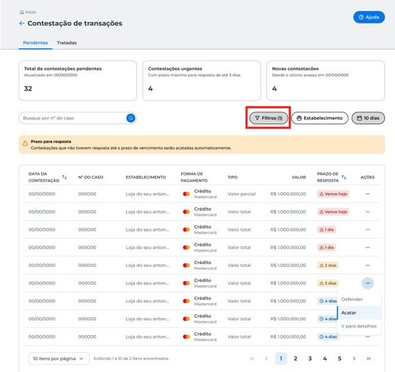 FIltro de notificações pendentes de tratativas