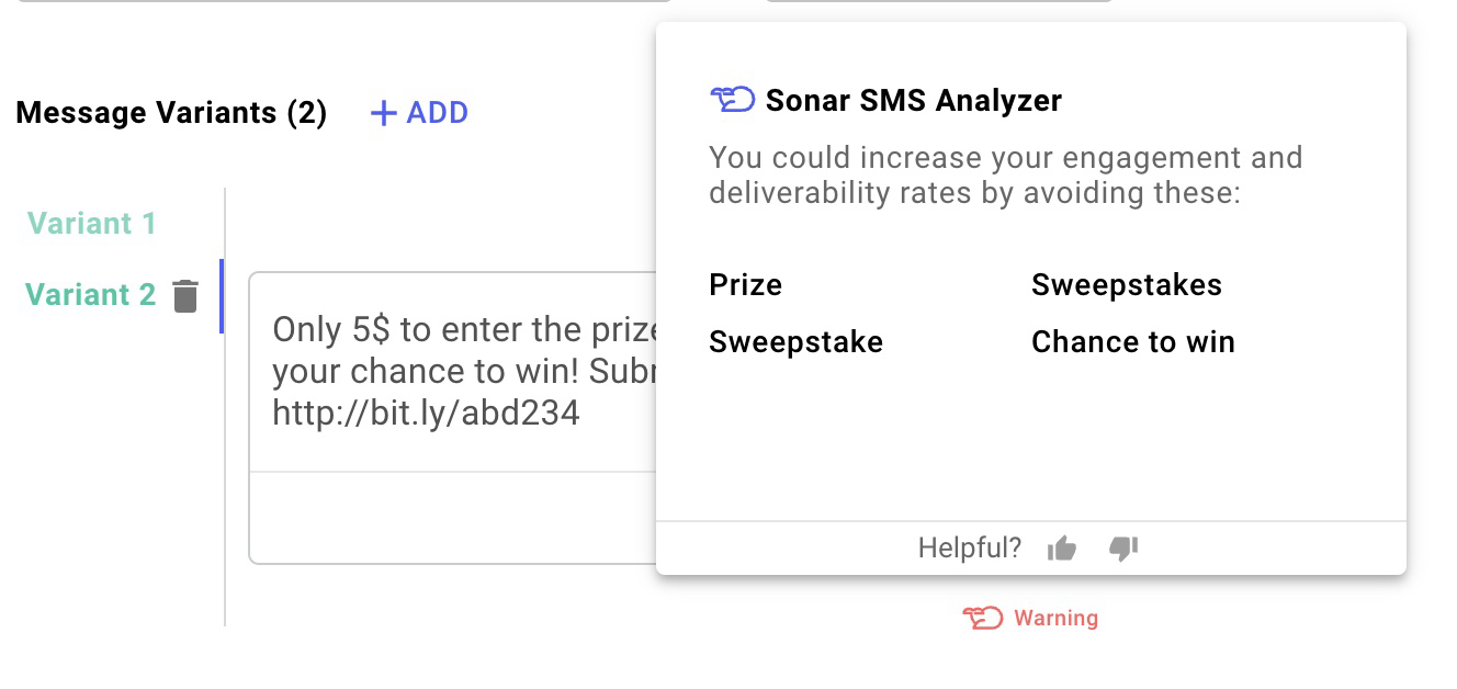 This example shows a Sonar SMS Analyzer warning due to message content.