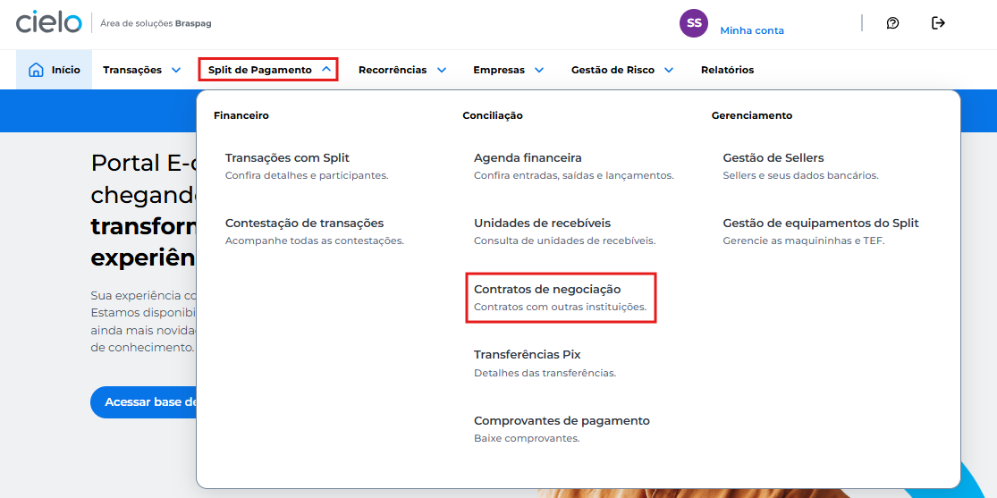 Tela inicial menu Split de Pagamento