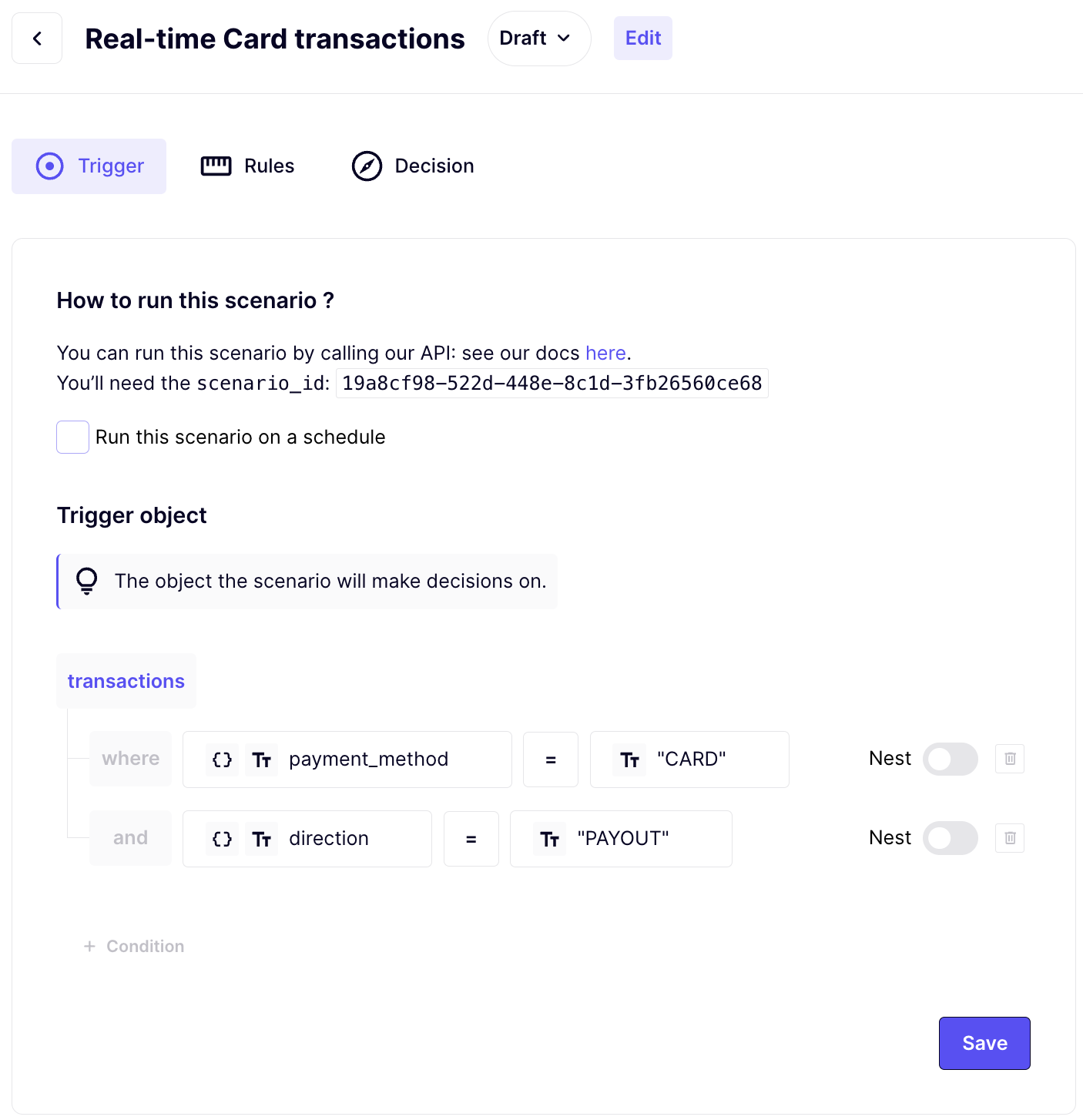 Real-time card transactions trigger