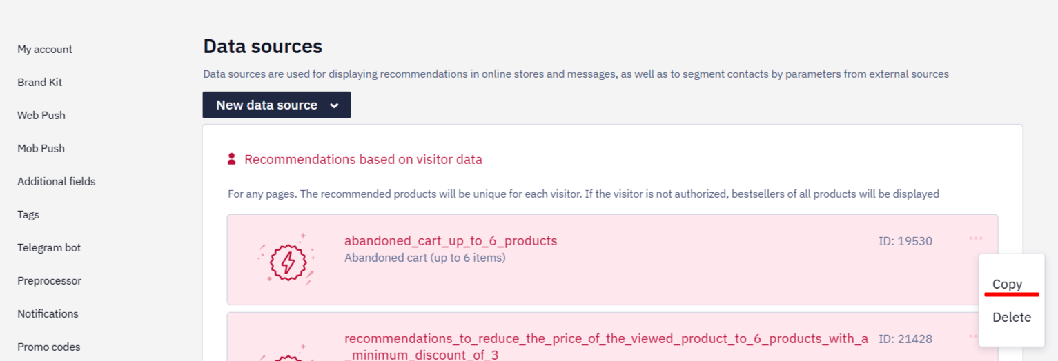 Menu on a data source card with the Copy and Delete options