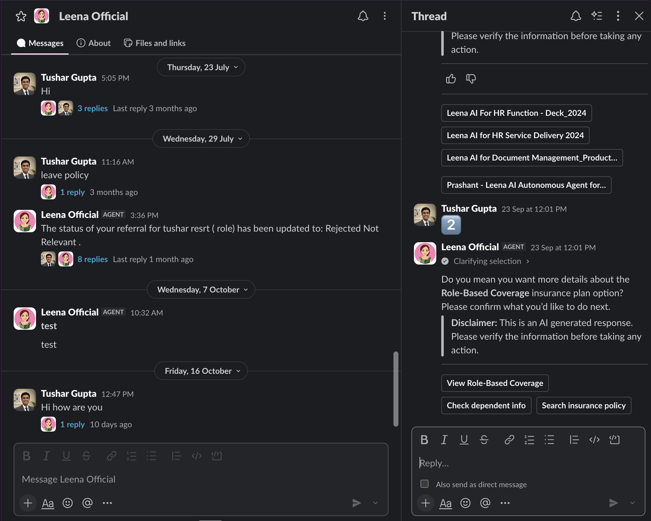 Leena AI in Slack's Agent experience, inside the regular Messages tab
