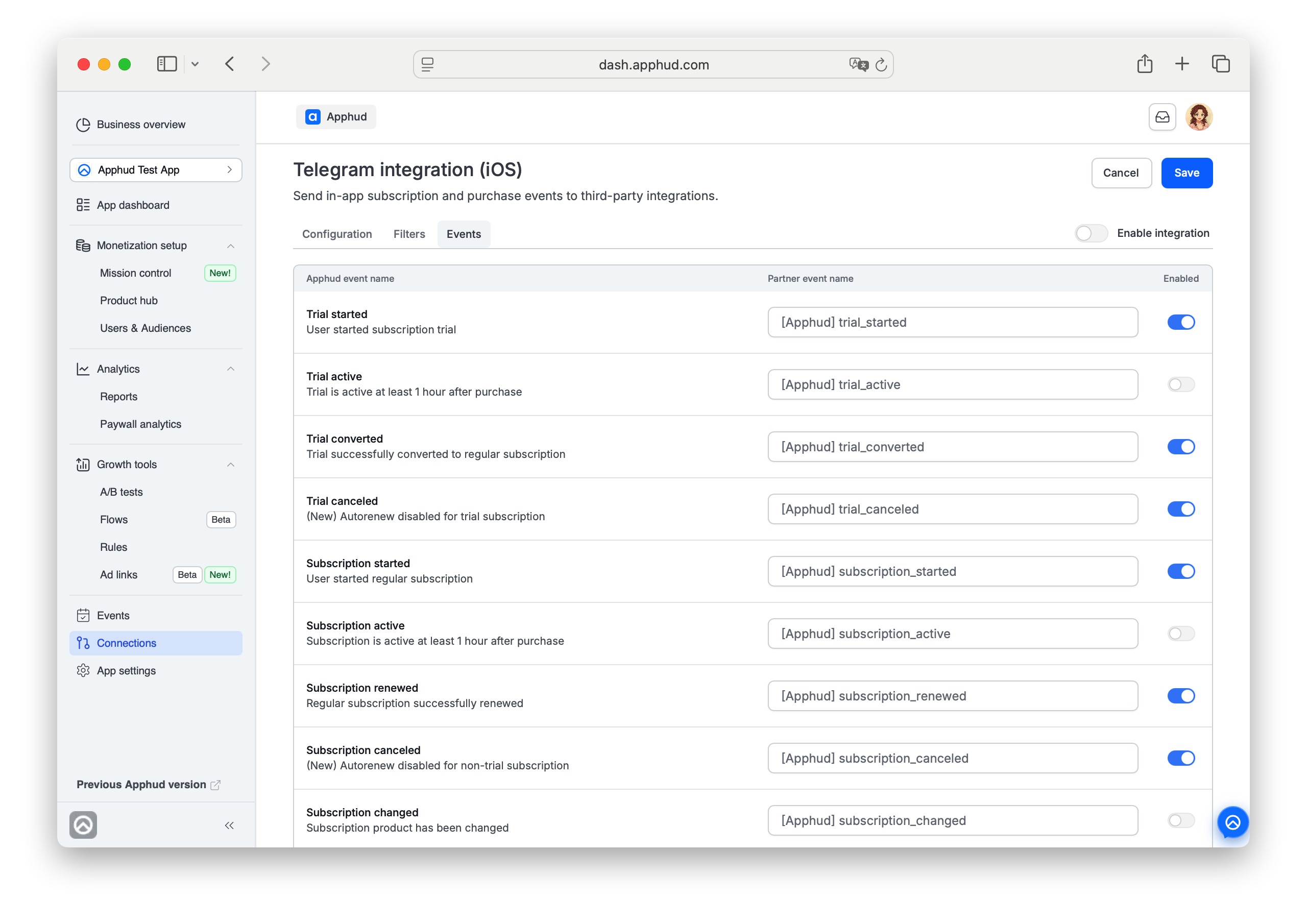 Apphud - Telegram connection - Events configuration