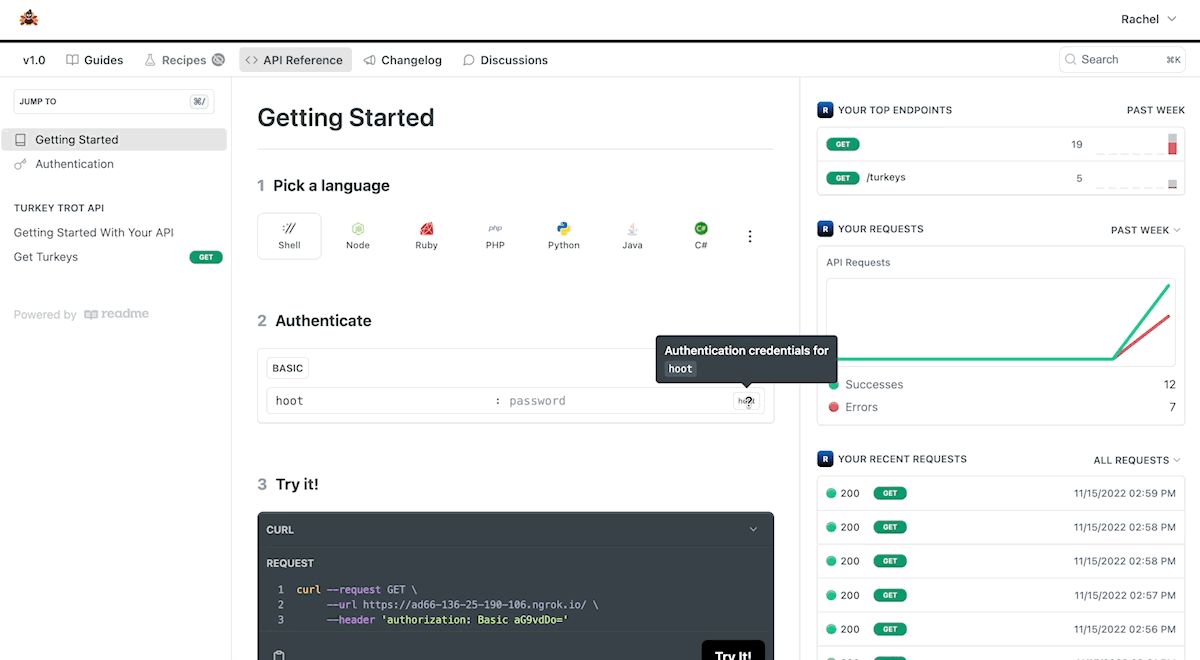 In these pages your logged-in developers will find their API keys, a snapshot of their recent activity (for each API key), and be able to immediately make an authenticated API request using any of the available API keys 🚀