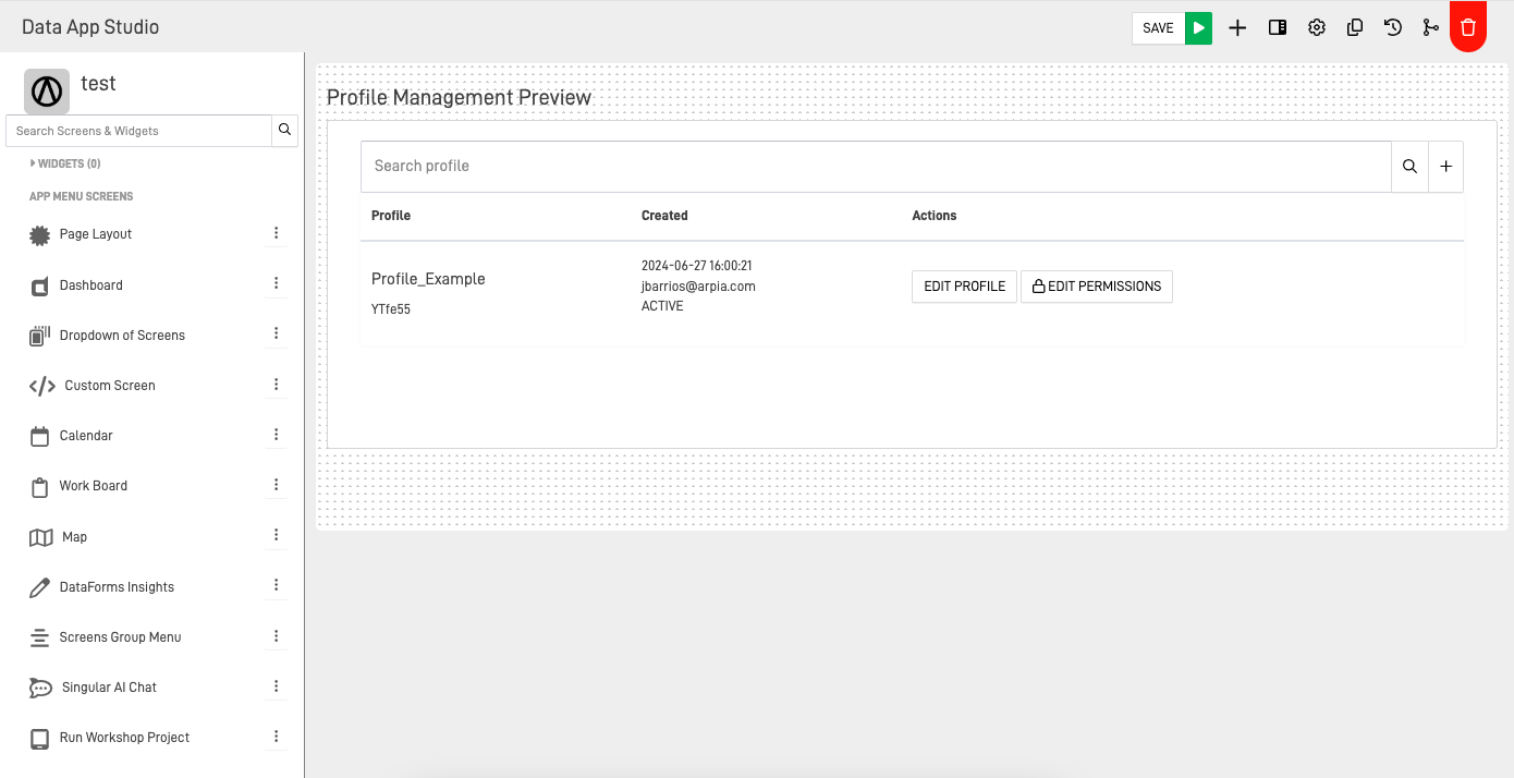 Profile Management screen