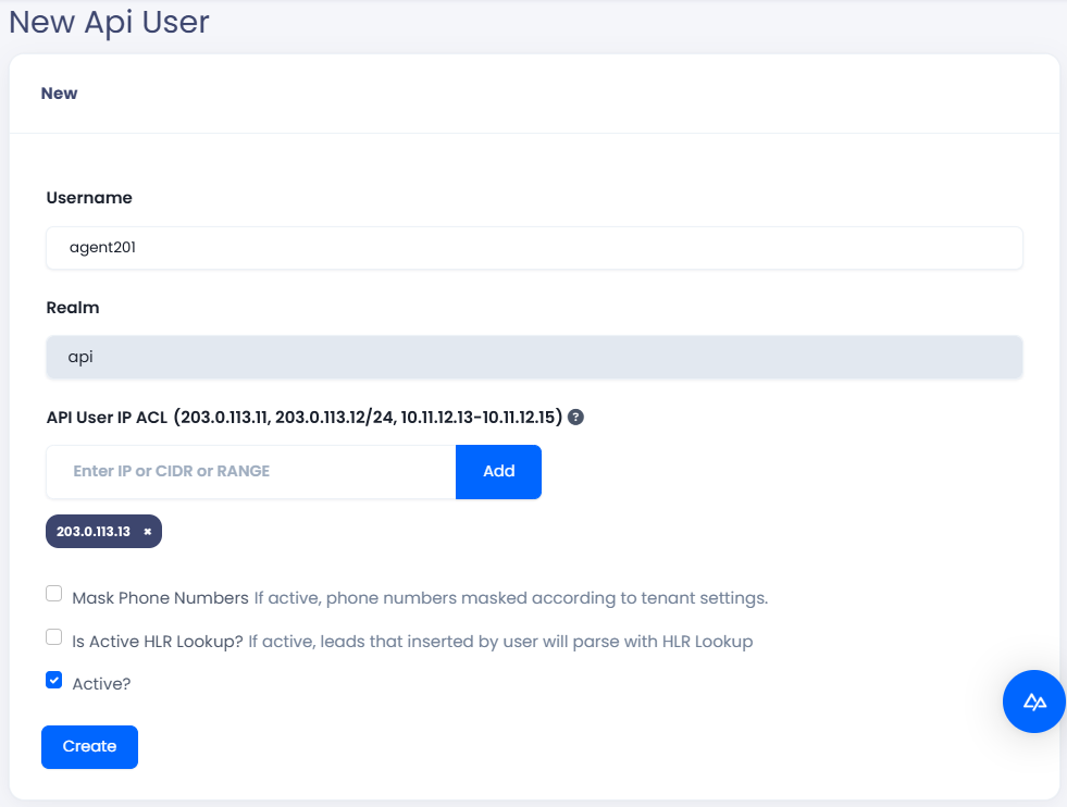 Screenshot of API user settings