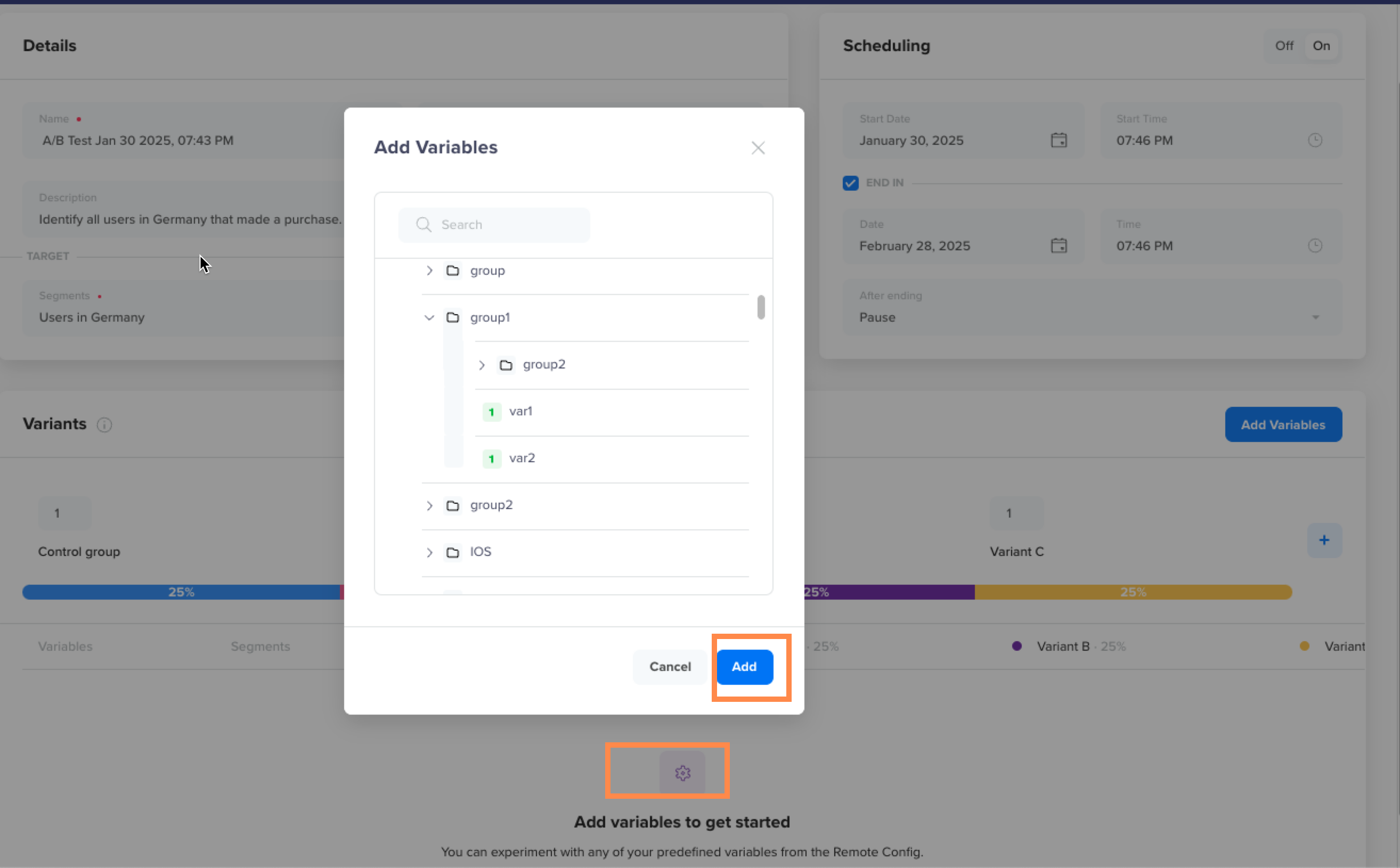 Add Variables for A/B Test