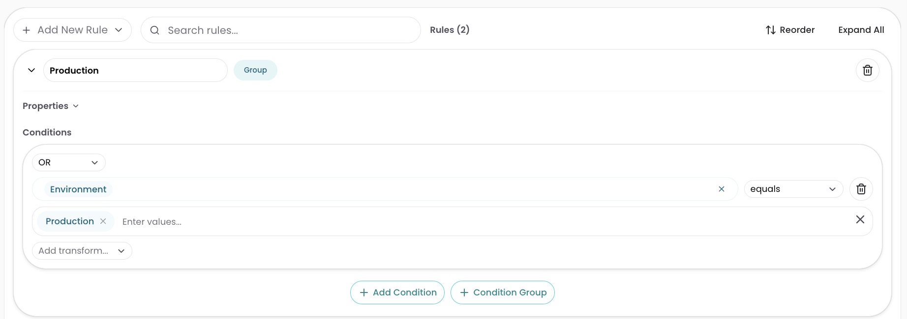 Group rule in the form editor with element name and conditions