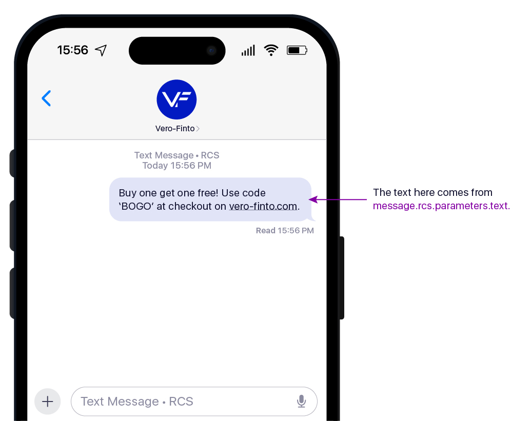 A screenshot of a message received by an end user if the send in RCS format is successful.