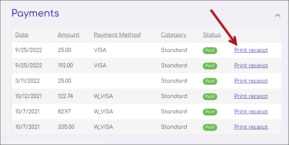 Selecting the print receipt link
