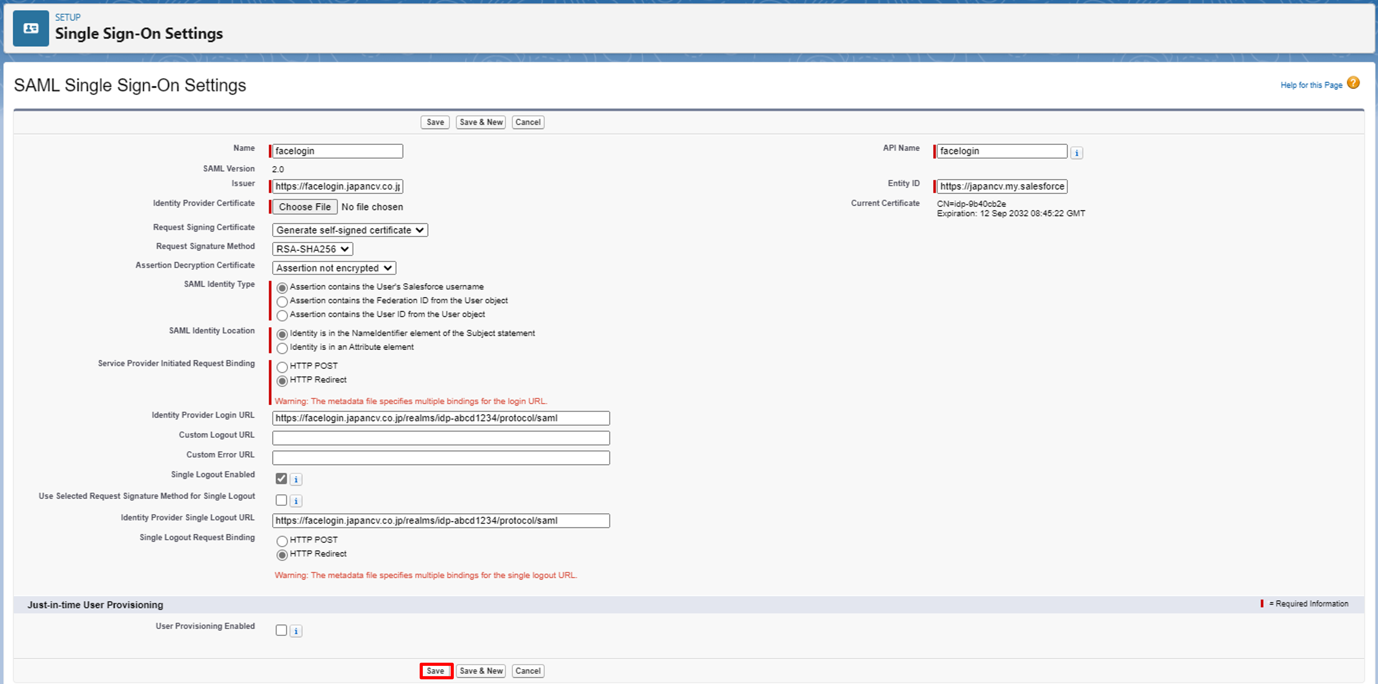 Save the SAML SSO settings