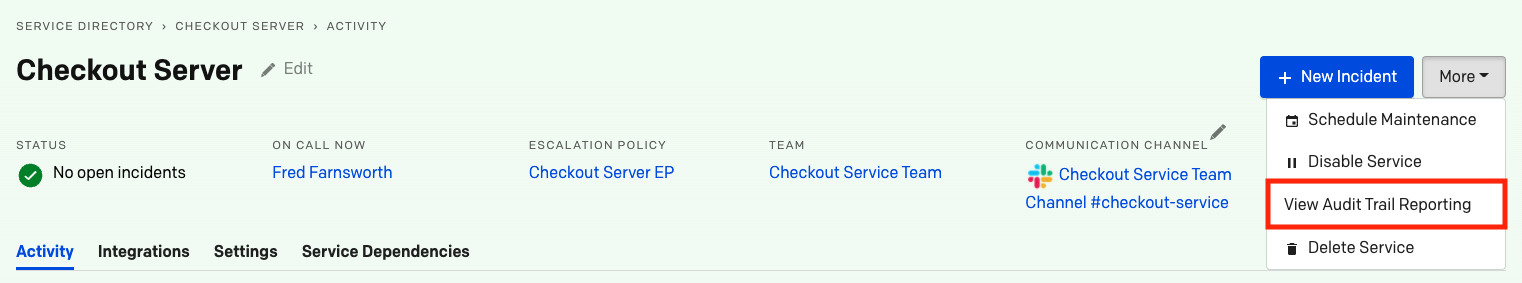 A screenshot of the PagerDuty web app showing how to View Service Audit Trail Reporting