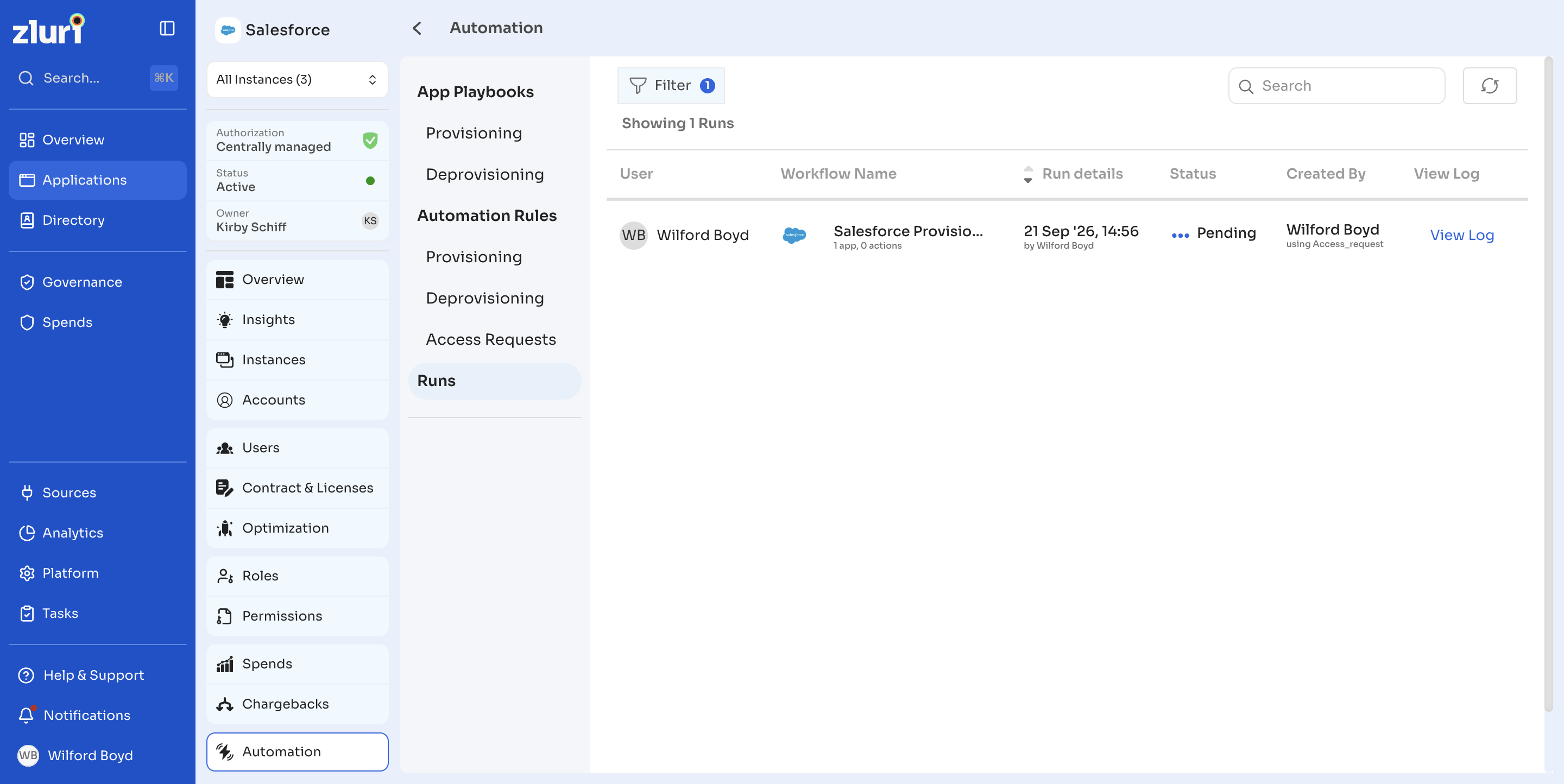 Runs list on the Automation tab