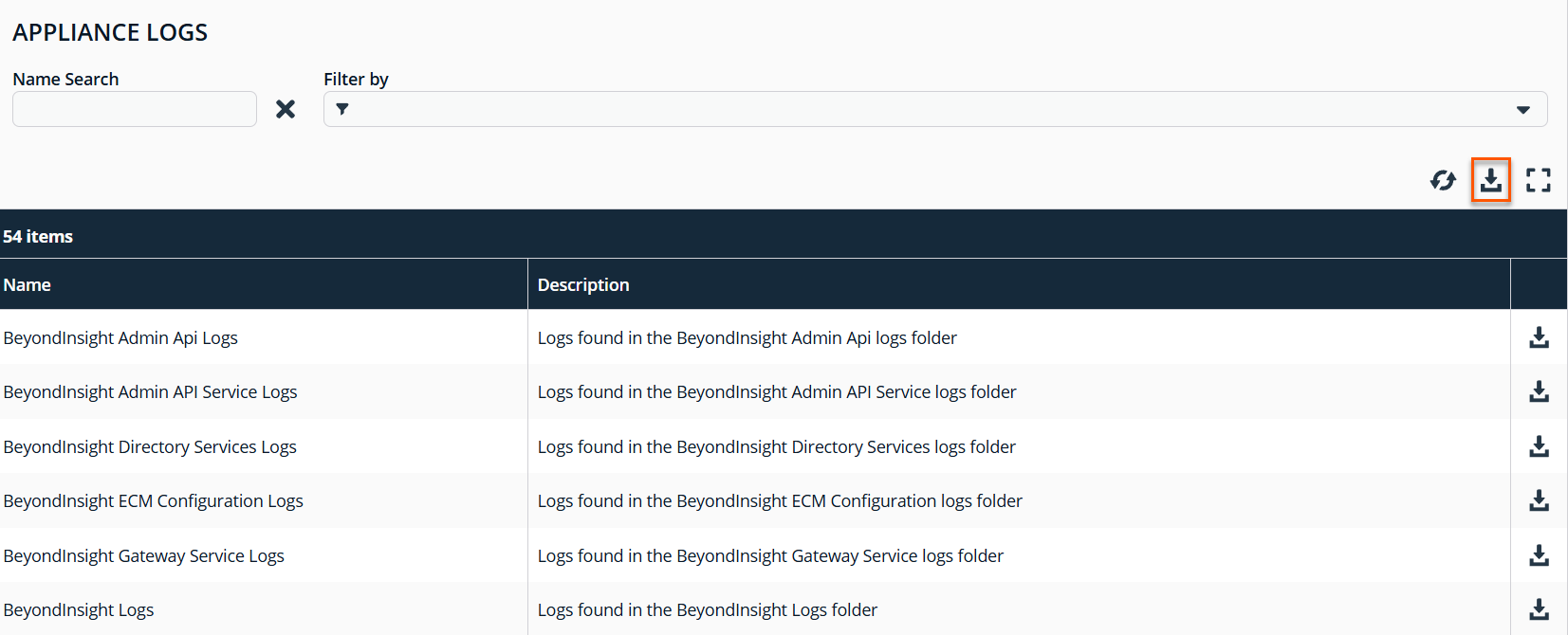 A list of appliance log files. The Download button is highlighted.