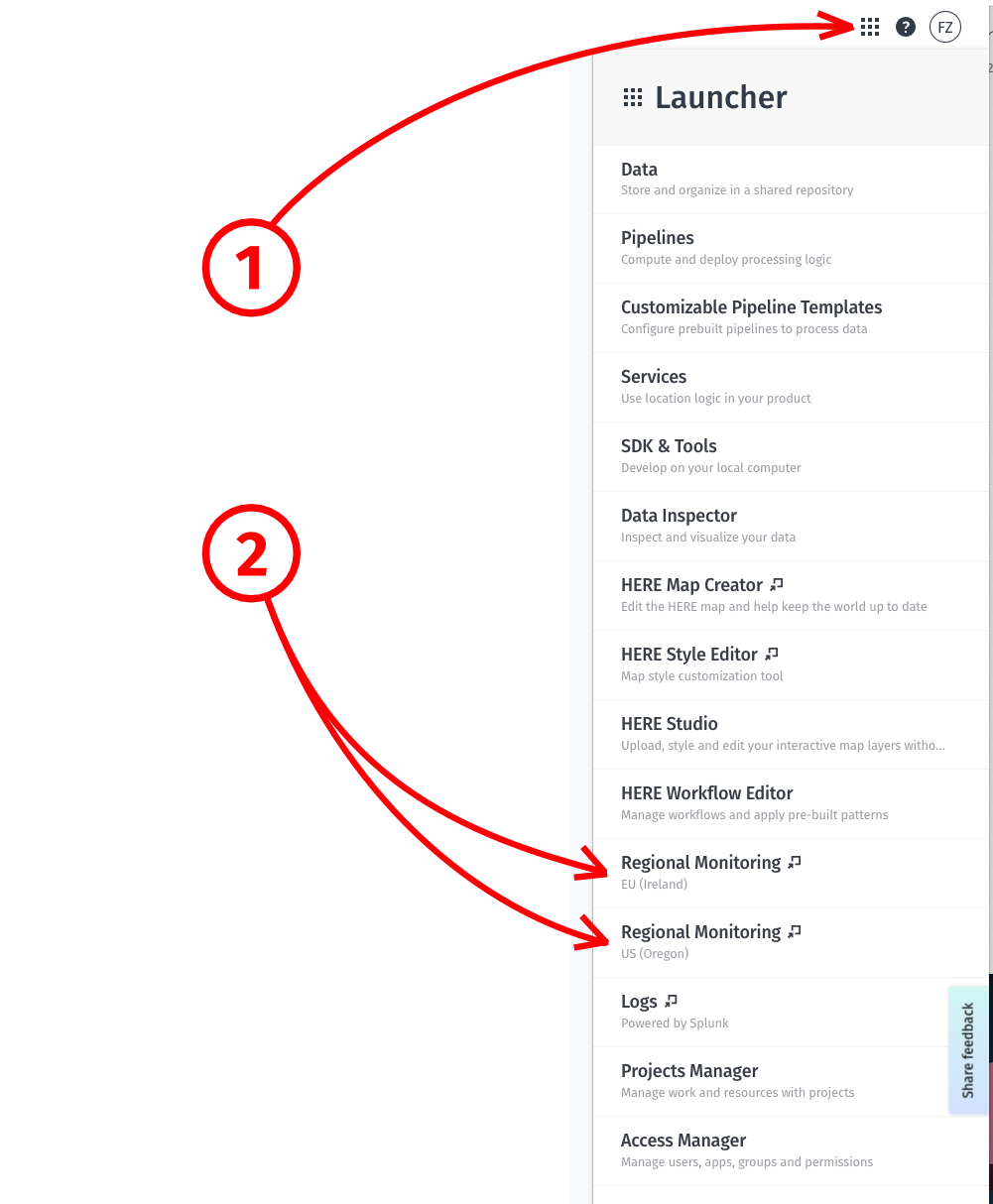 HERE platform launcher menu to open monitoring