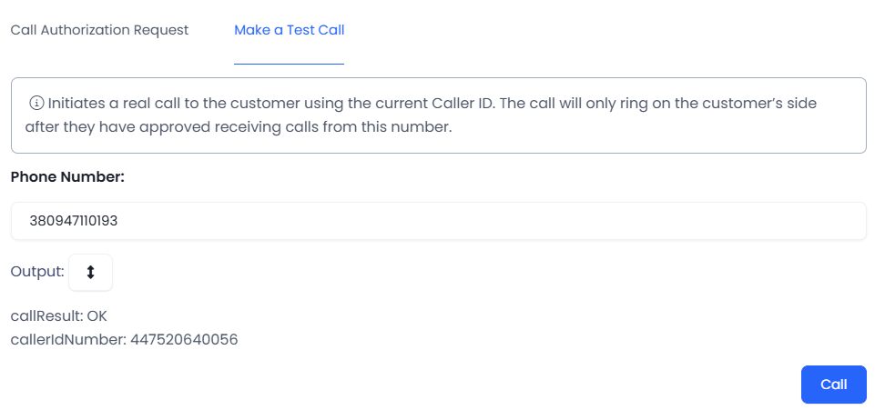 Test call result: OK, indicating that the call was completed successfully