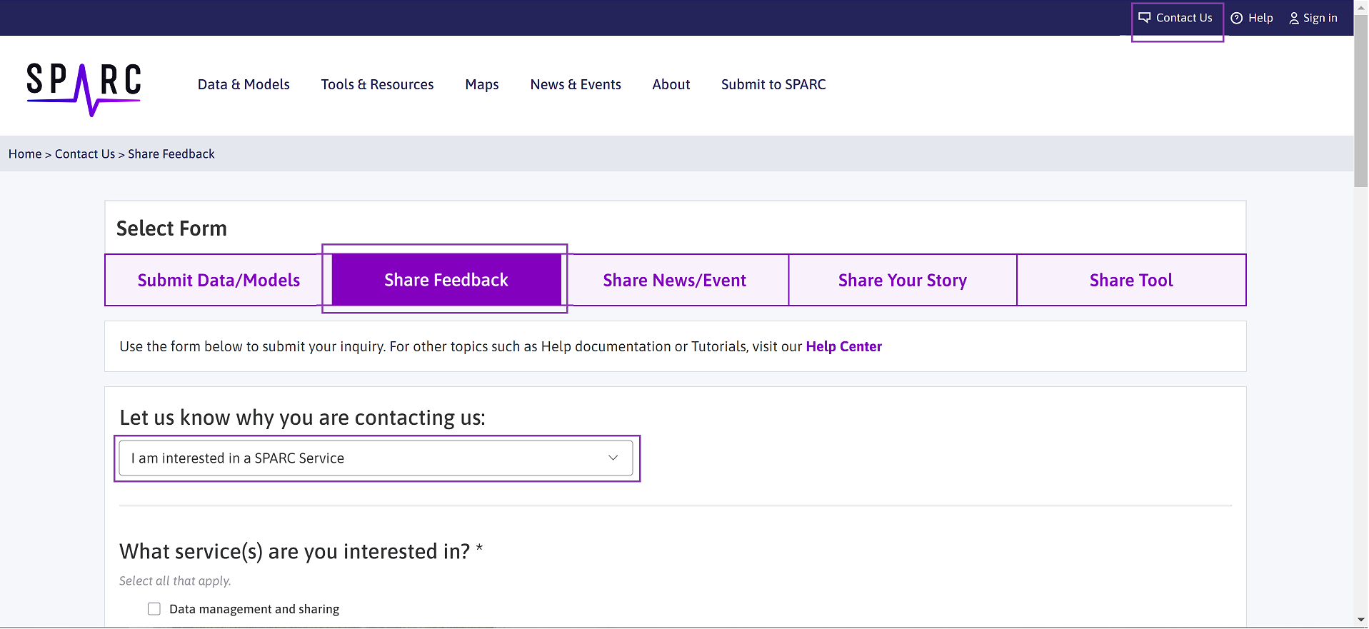 **Figure 14:** The Share Feedback section of the contact page. Requests for annotation access can be made here.