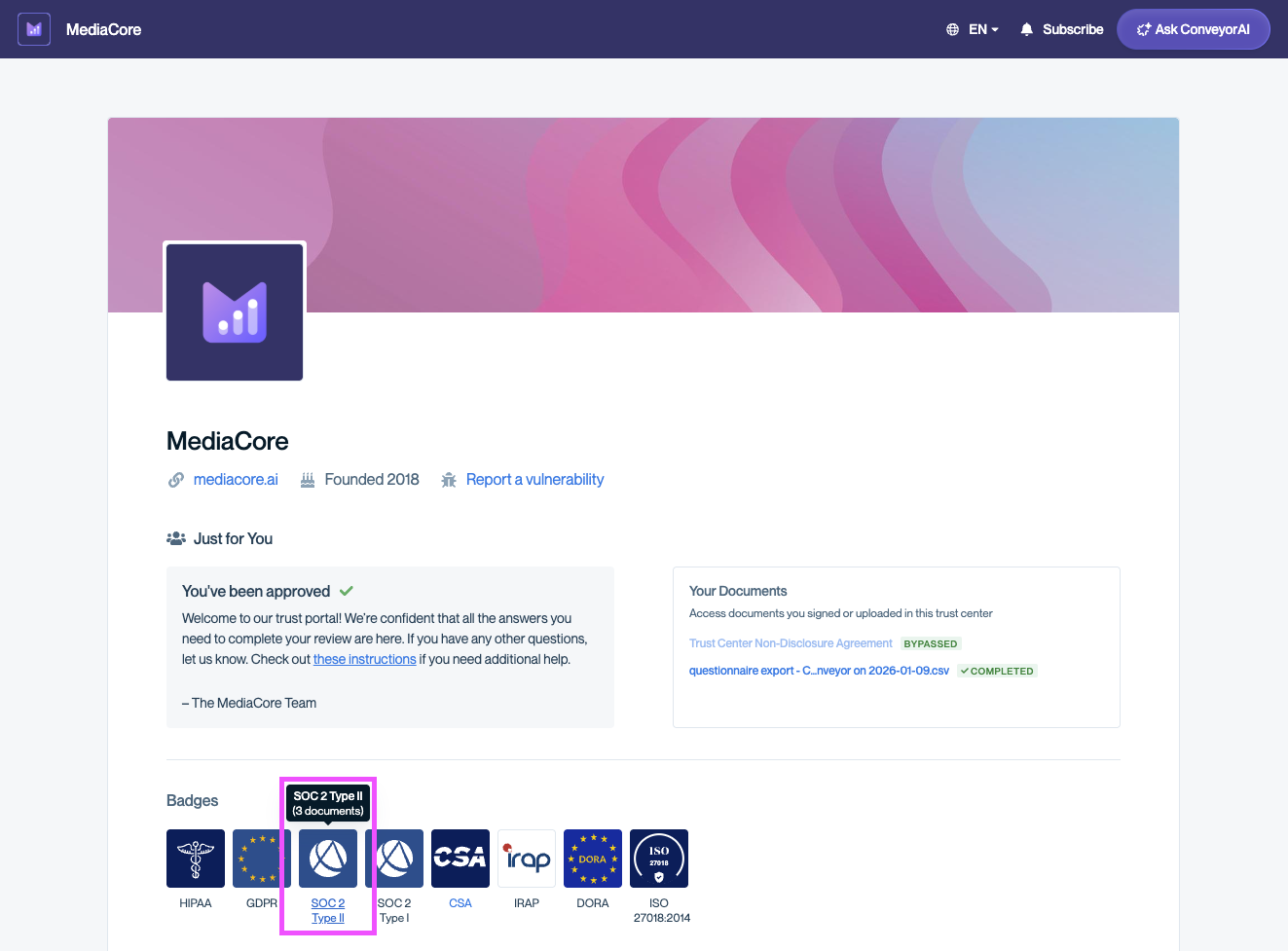 Trust Center page showing badges like HIPAA, GDPR, SOC 2 Type II, CSA, IRAP, DORA, and ISO 27018:2014 with a tooltip displaying document counts.