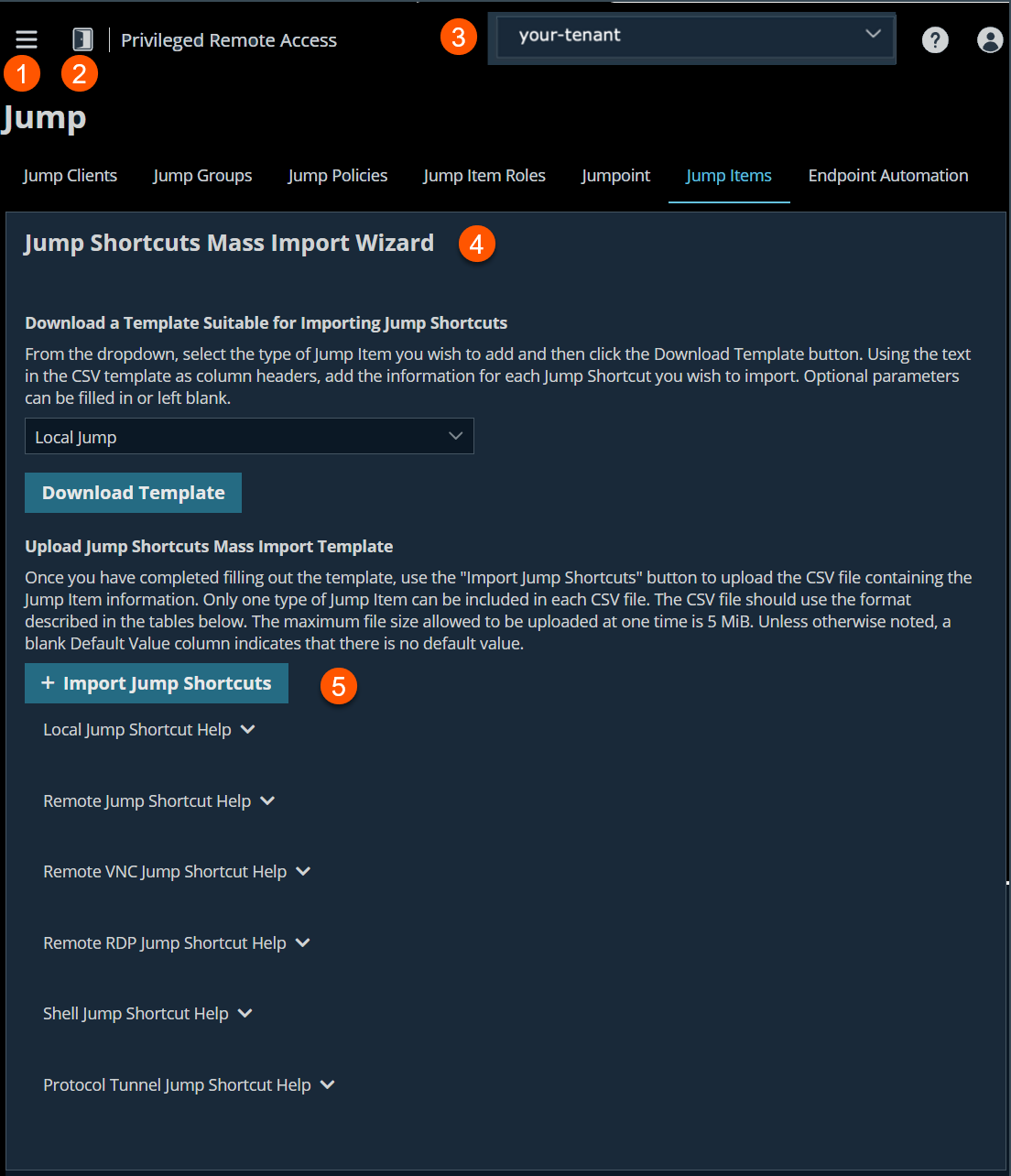 An image of the Jump Shortcuts Mass Import Wizard interface in a Privileged Remote Access application. The interface includes options to download a template for importing jump shortcuts and to upload a completed CSV file.