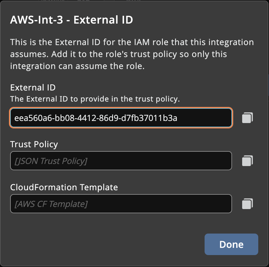 External ID, trust policy, and CloudFormation template in use