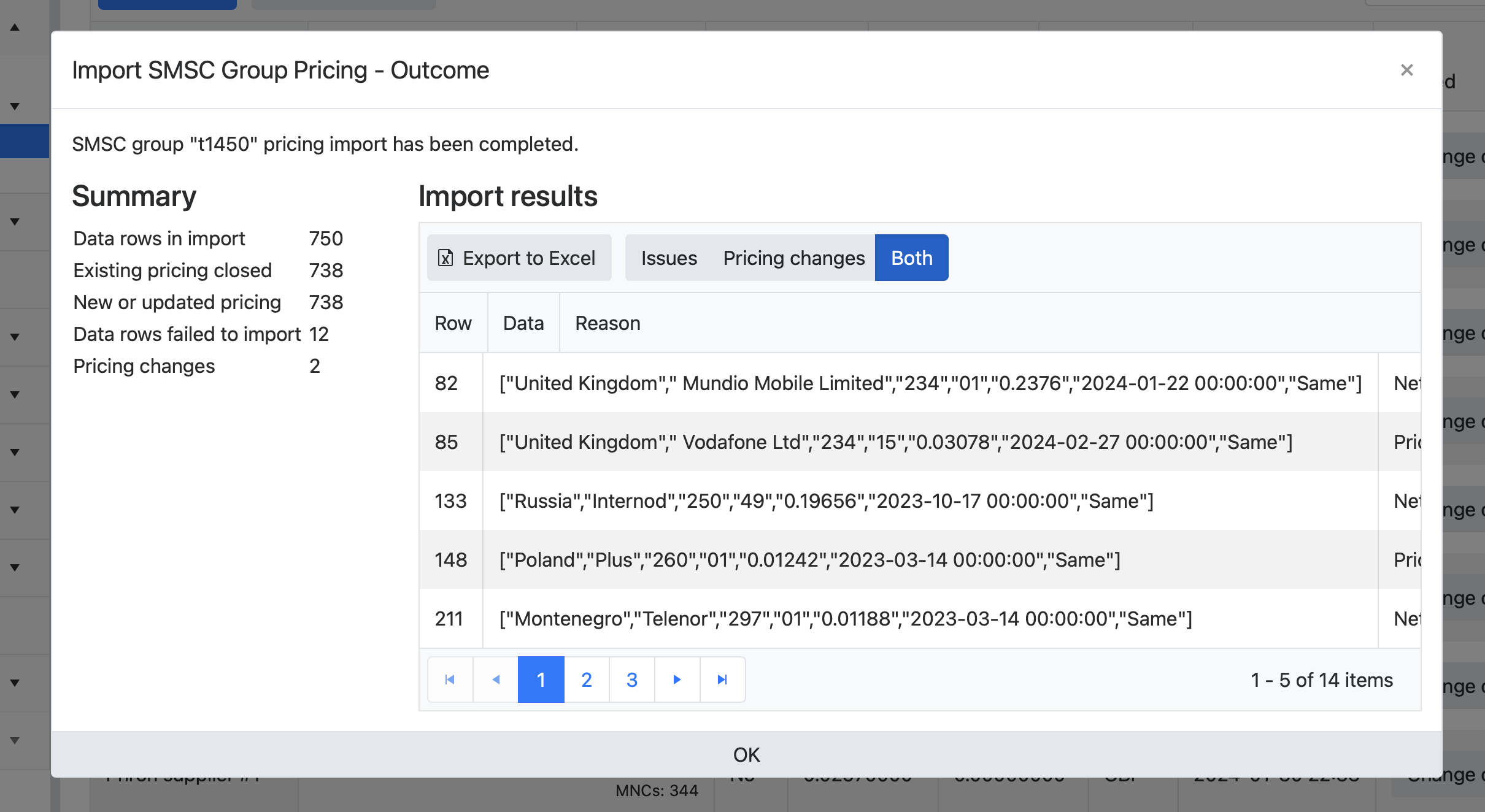 Routes import outcome