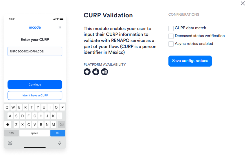 Image of CURP Validation module configuration in Workflows. Has three configuration options..