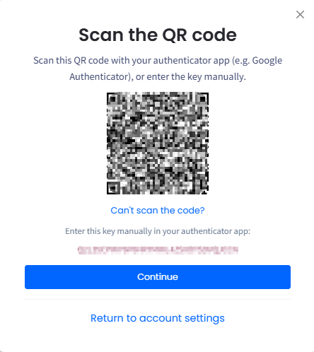 Screenshot of the Scan the QR code dialog with Can't scan the code? expanded