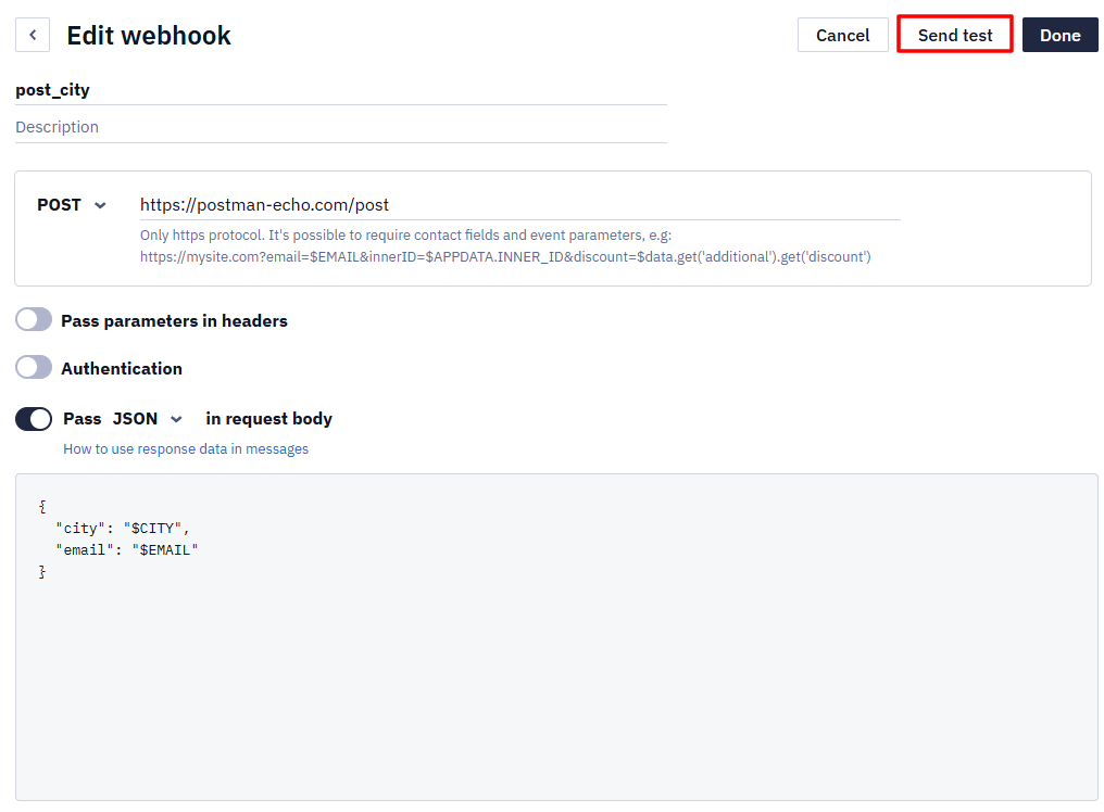 Edit webhook window for post_city with the Send test button highlighted