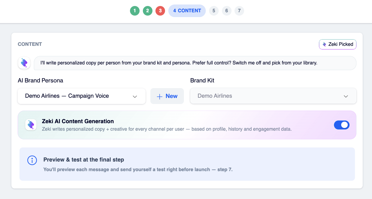 Content step with the AI Brand Persona and Brand Kit dropdowns and the Zeki AI Content Generation toggle switched on.