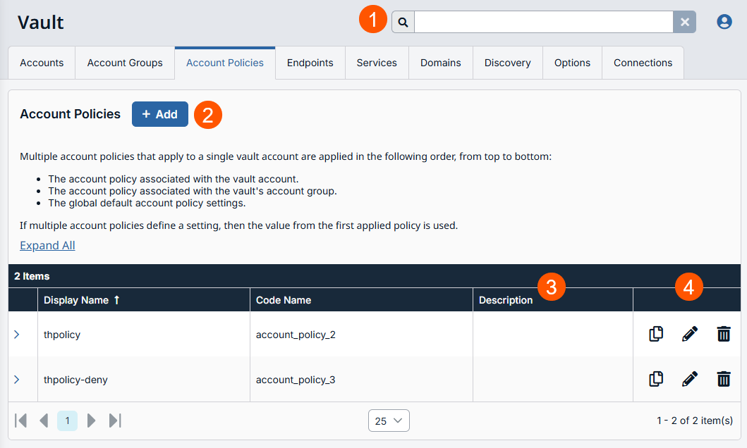 Image of the Account Policies main page.