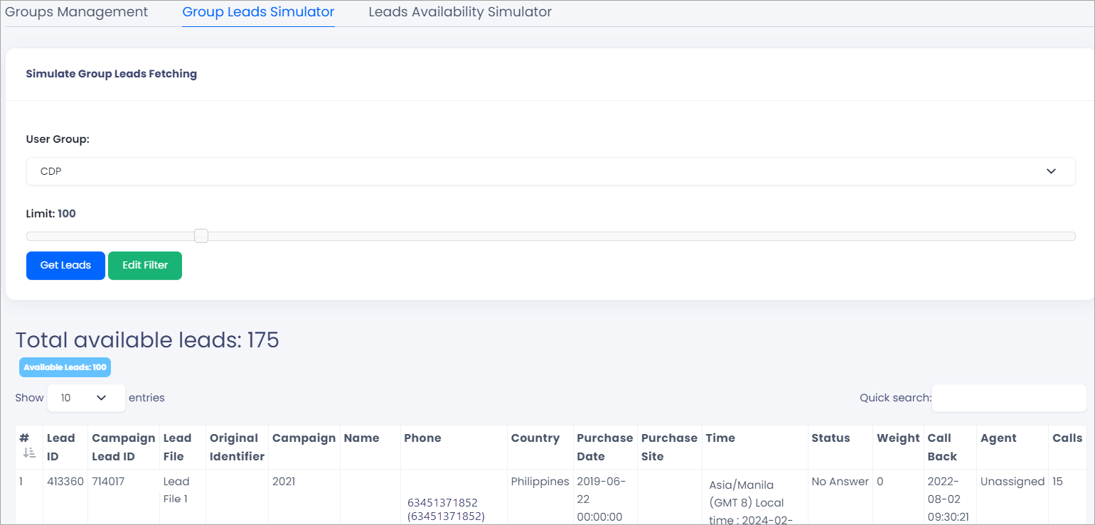 Screenshot of the Group Lead Simulator page